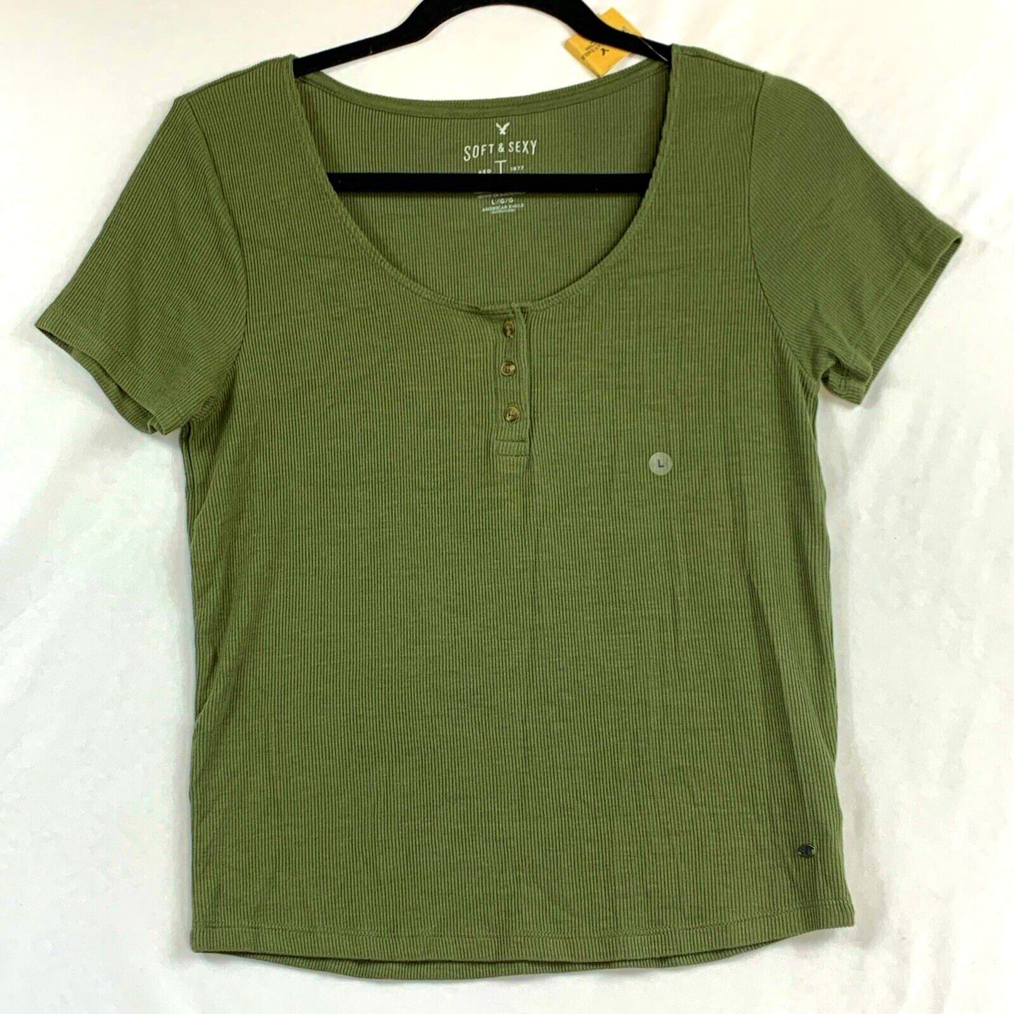American Eagle Top Womens Jr Large Green Short Sleeve Scoop Neck Knit Soft Sexy