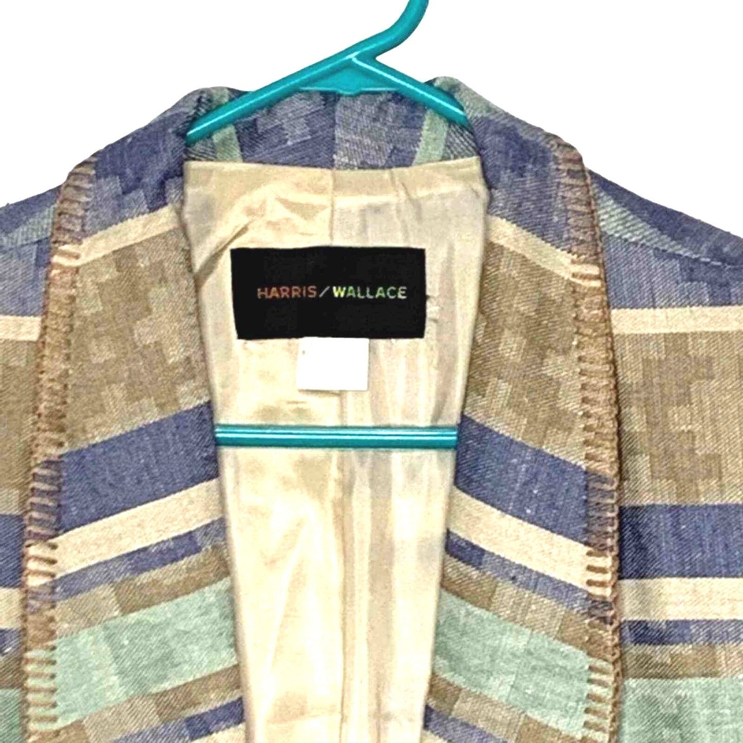 Harris Wallace Jacket Womens Small Blue Beige Button Shoulder Pads Lined Blazer
