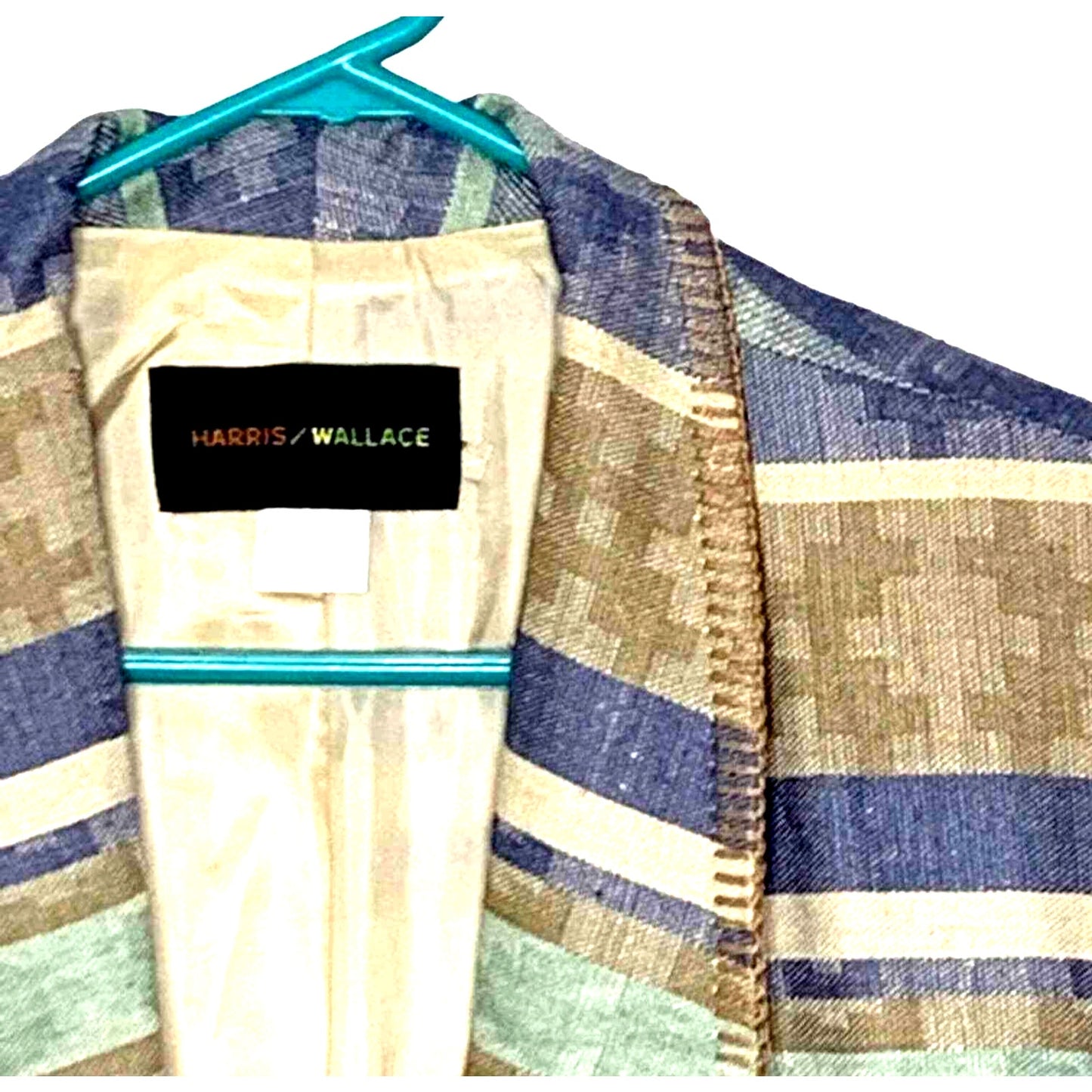 Harris Wallace Jacket Womens Small Blue Beige Button Shoulder Pads Lined Blazer