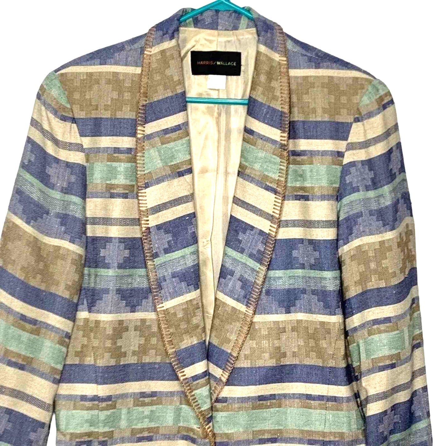 Harris Wallace Jacket Womens Small Blue Beige Button Shoulder Pads Lined Blazer