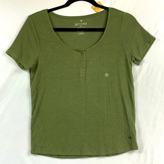 American Eagle Top Womens Jr Large Green Short Sleeve Scoop Neck Knit Soft Sexy