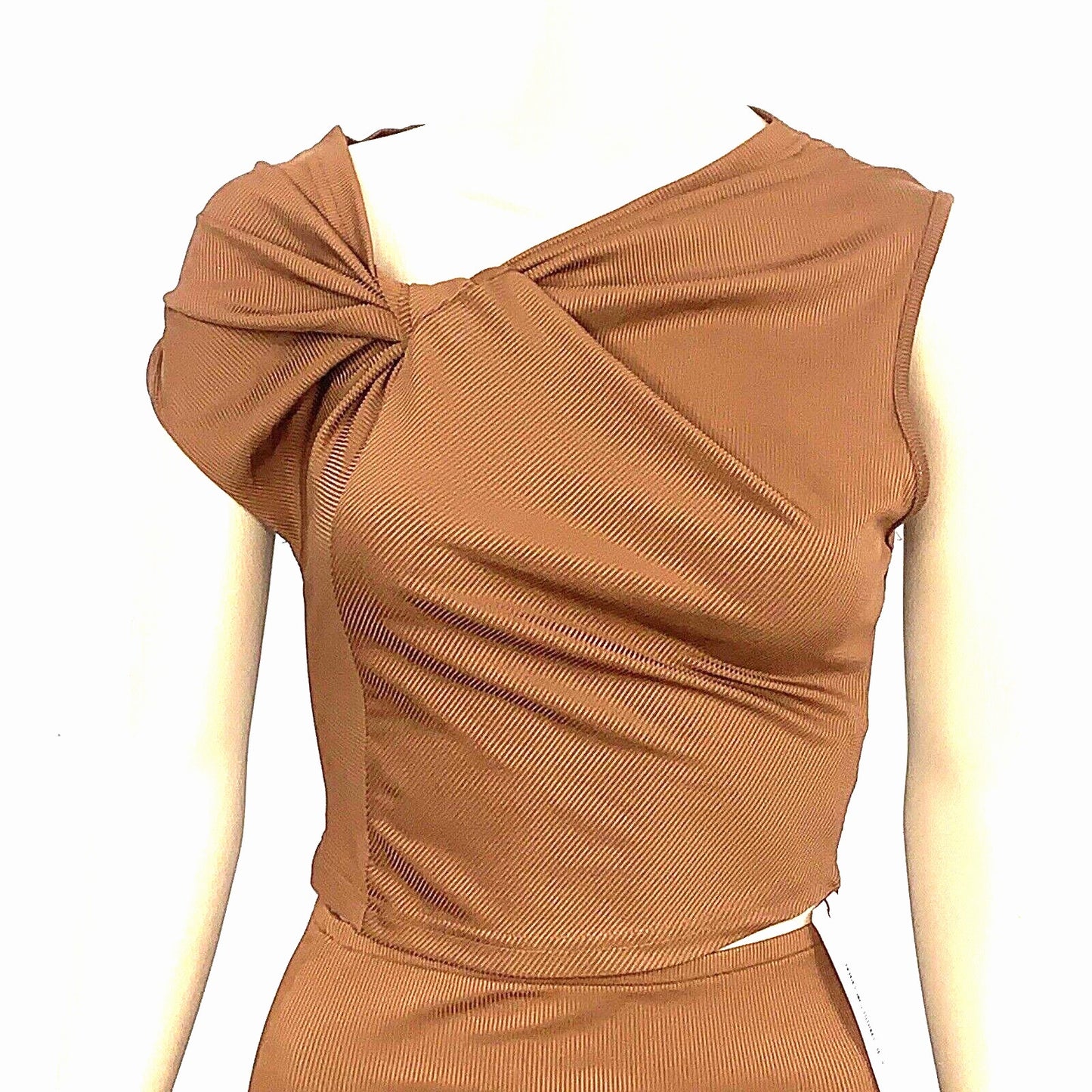Micas Top and Maxi Skirt Set Womens XSmall Brown Asymmetrical Blouse Stretch New