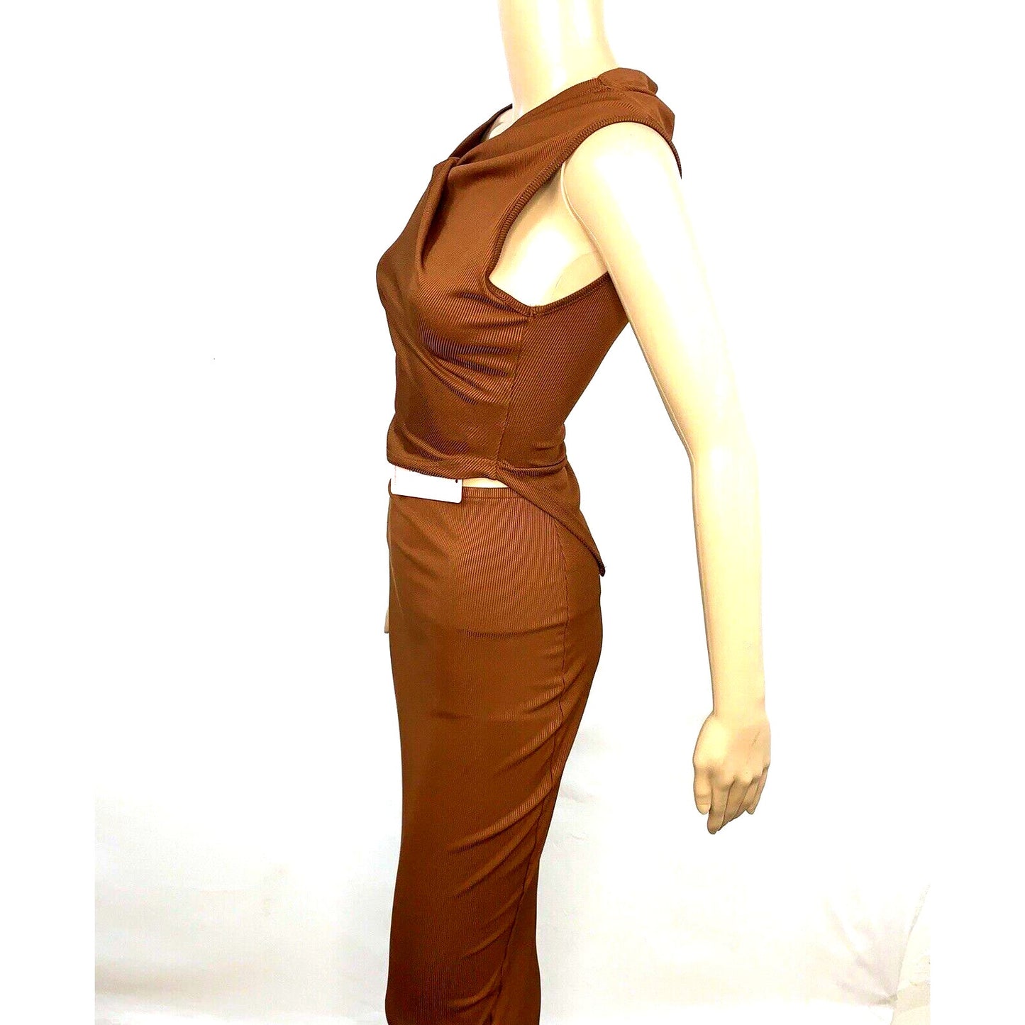 Micas Top and Maxi Skirt Set Womens XSmall Brown Asymmetrical Blouse Stretch New