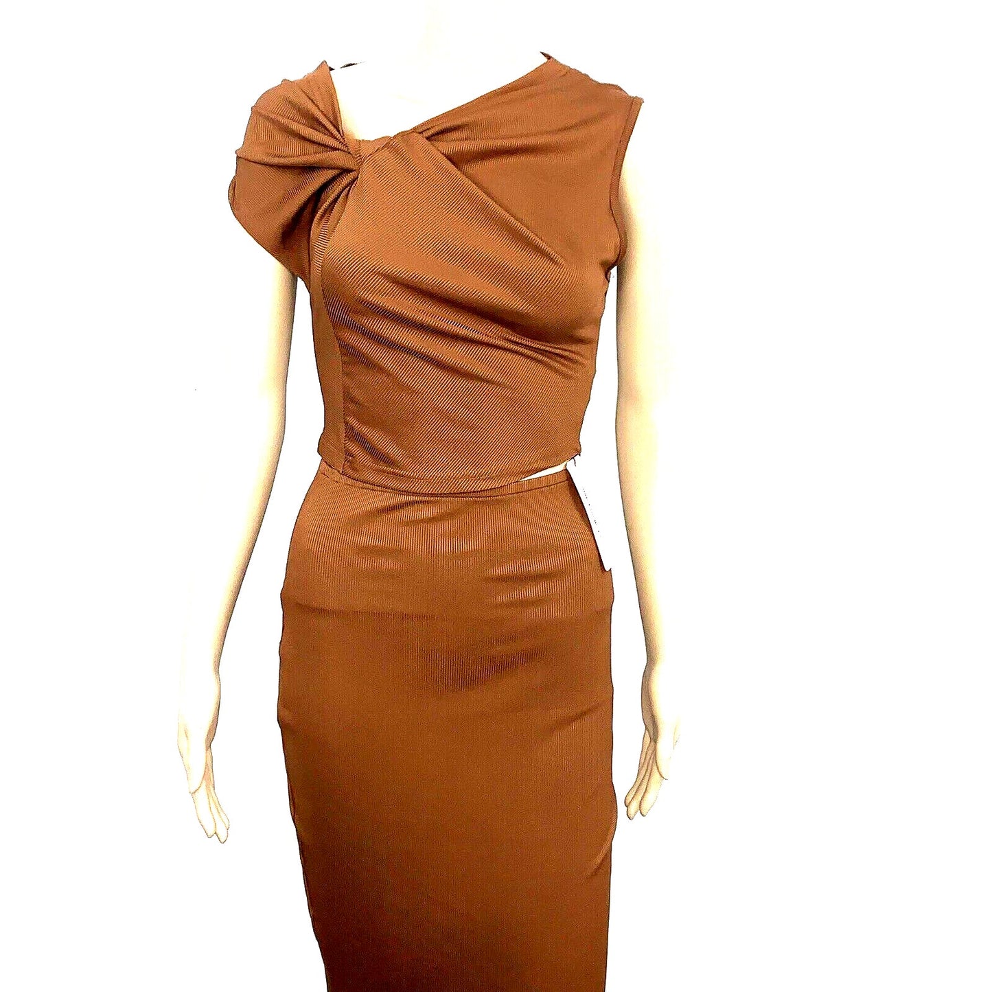Micas Top and Maxi Skirt Set Womens XSmall Brown Asymmetrical Blouse Stretch New