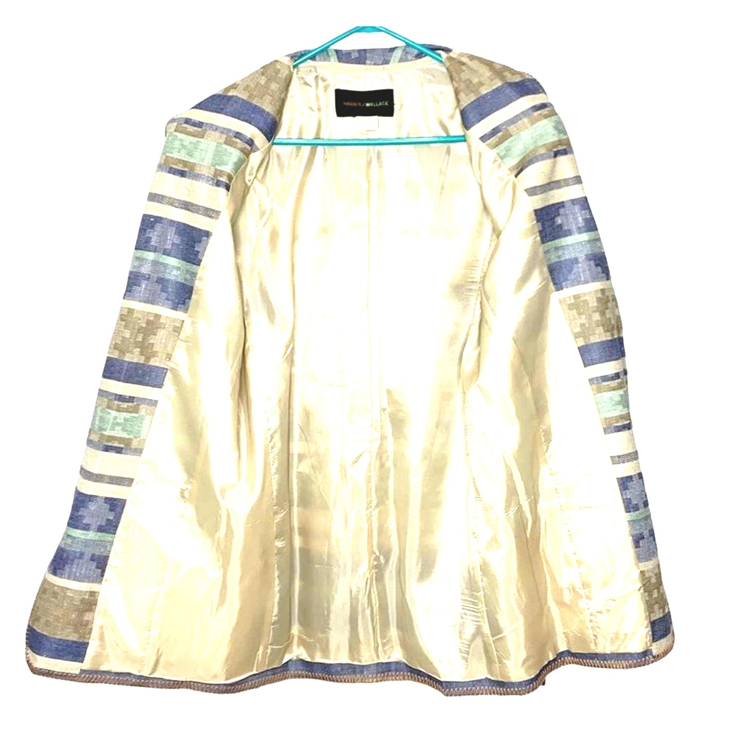 Harris Wallace Jacket Womens Small Blue Beige Button Shoulder Pads Lined Blazer